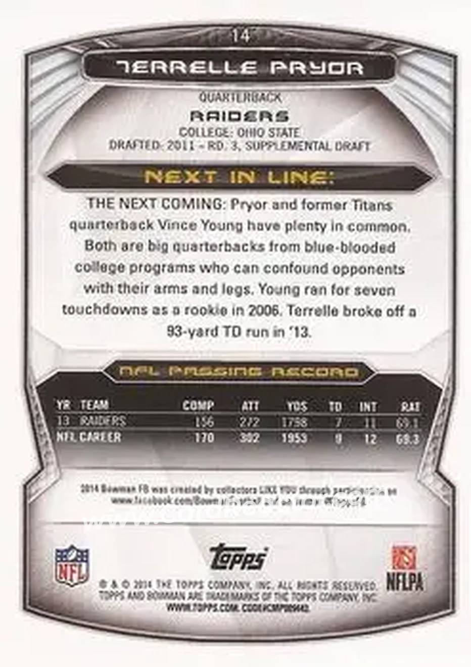 2014 Bowman #14 - Terrelle Pryor Sr. - Oakland Raiders - Back