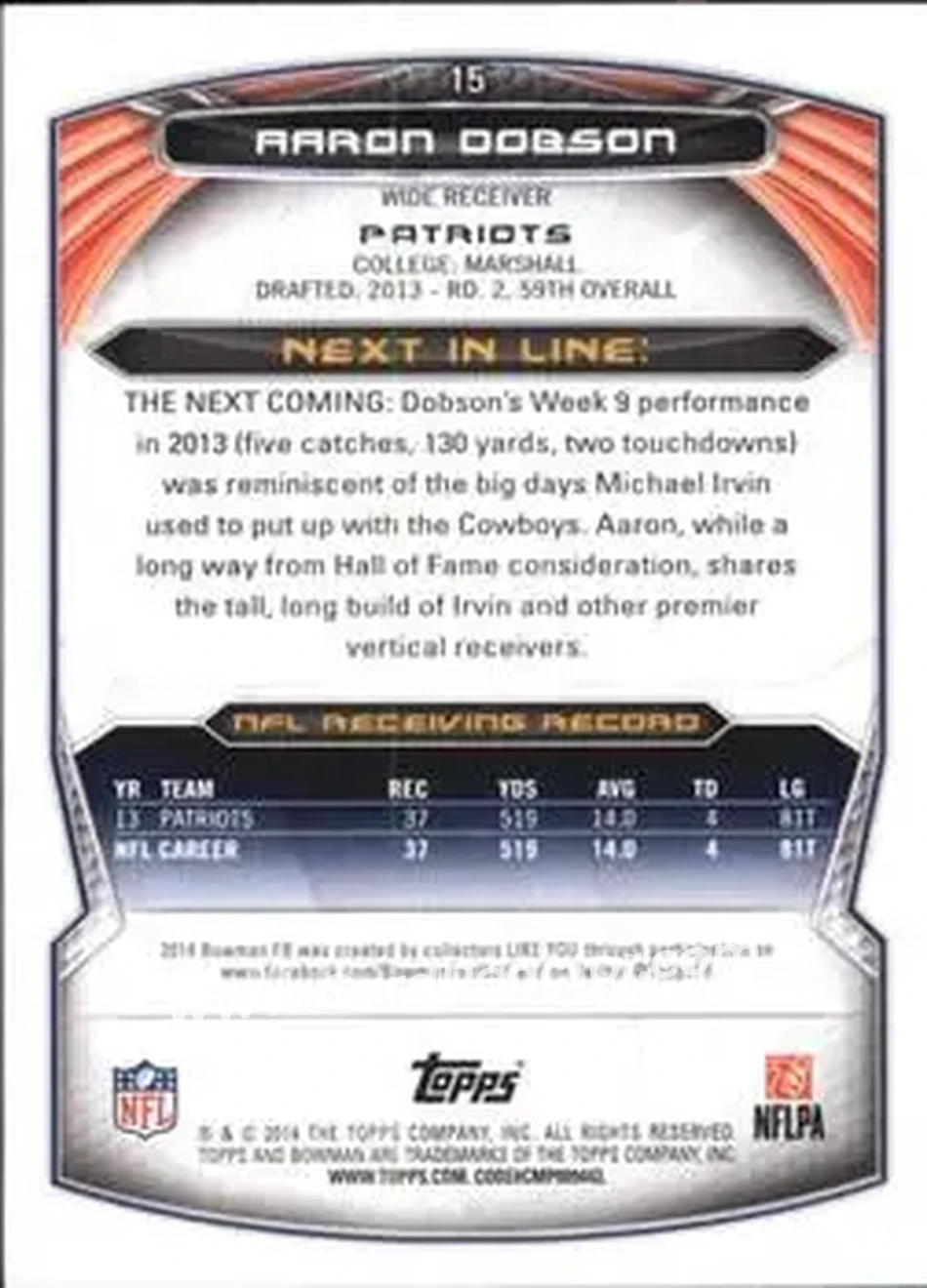 2014 Bowman #15 - Aaron Dobson - New England Patriots - Back