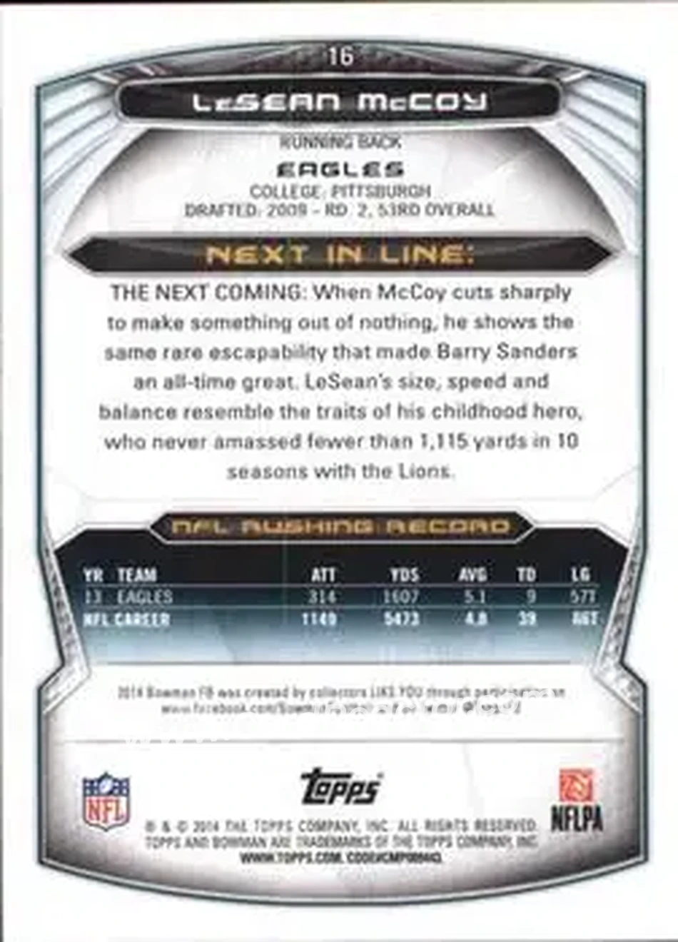 2014 Bowman #16 - LeSean McCoy - Philadelphia Eagles - Back