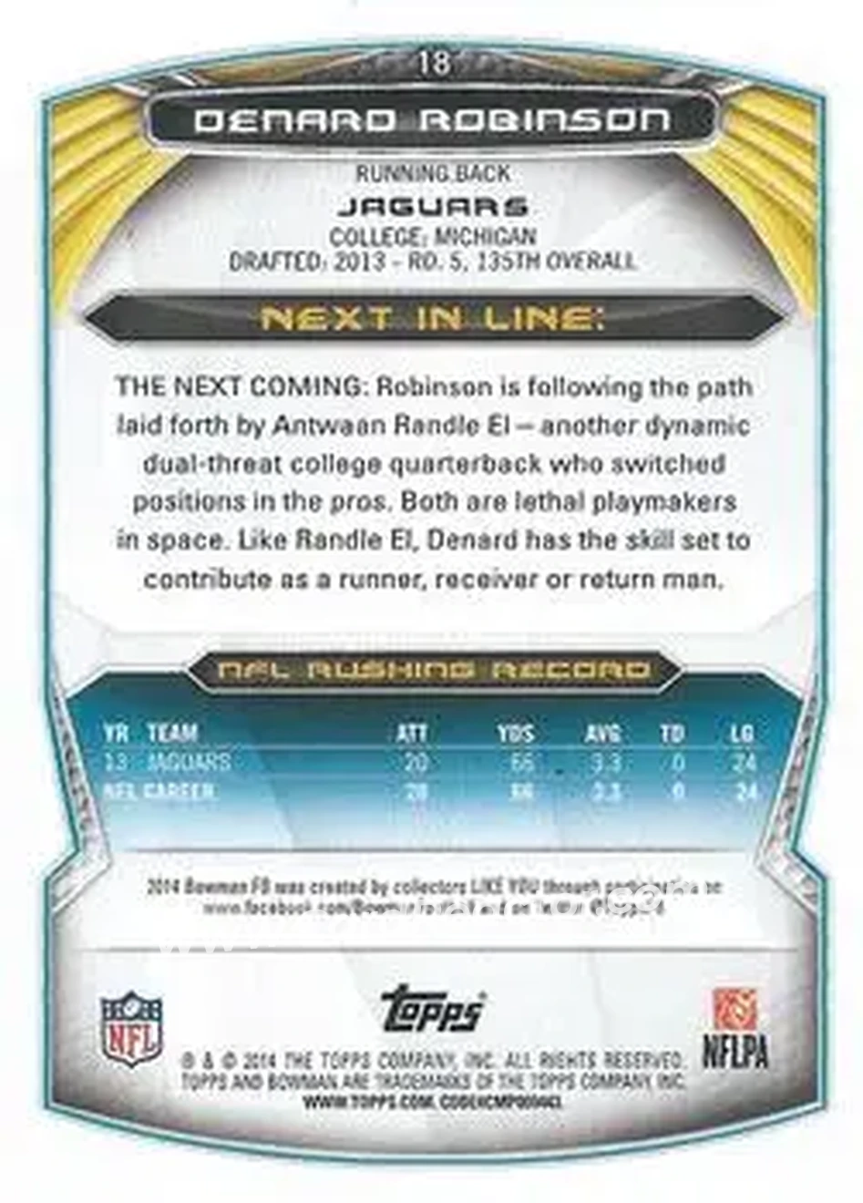 2014 Bowman #18 - Denard "Shoelace" Robinson - Jacksonville Jaguars - Back