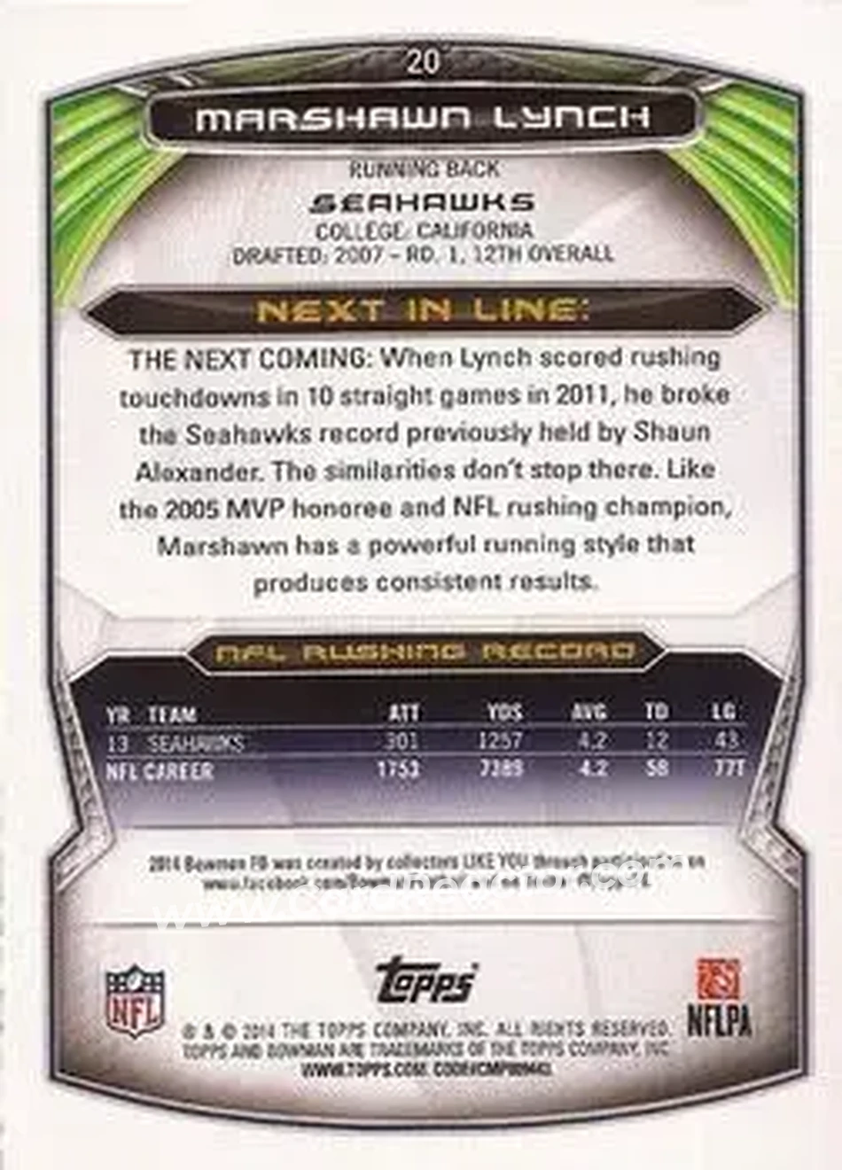 2014 Bowman #20 - Marshawn Lynch - Seattle Seahawks - Back