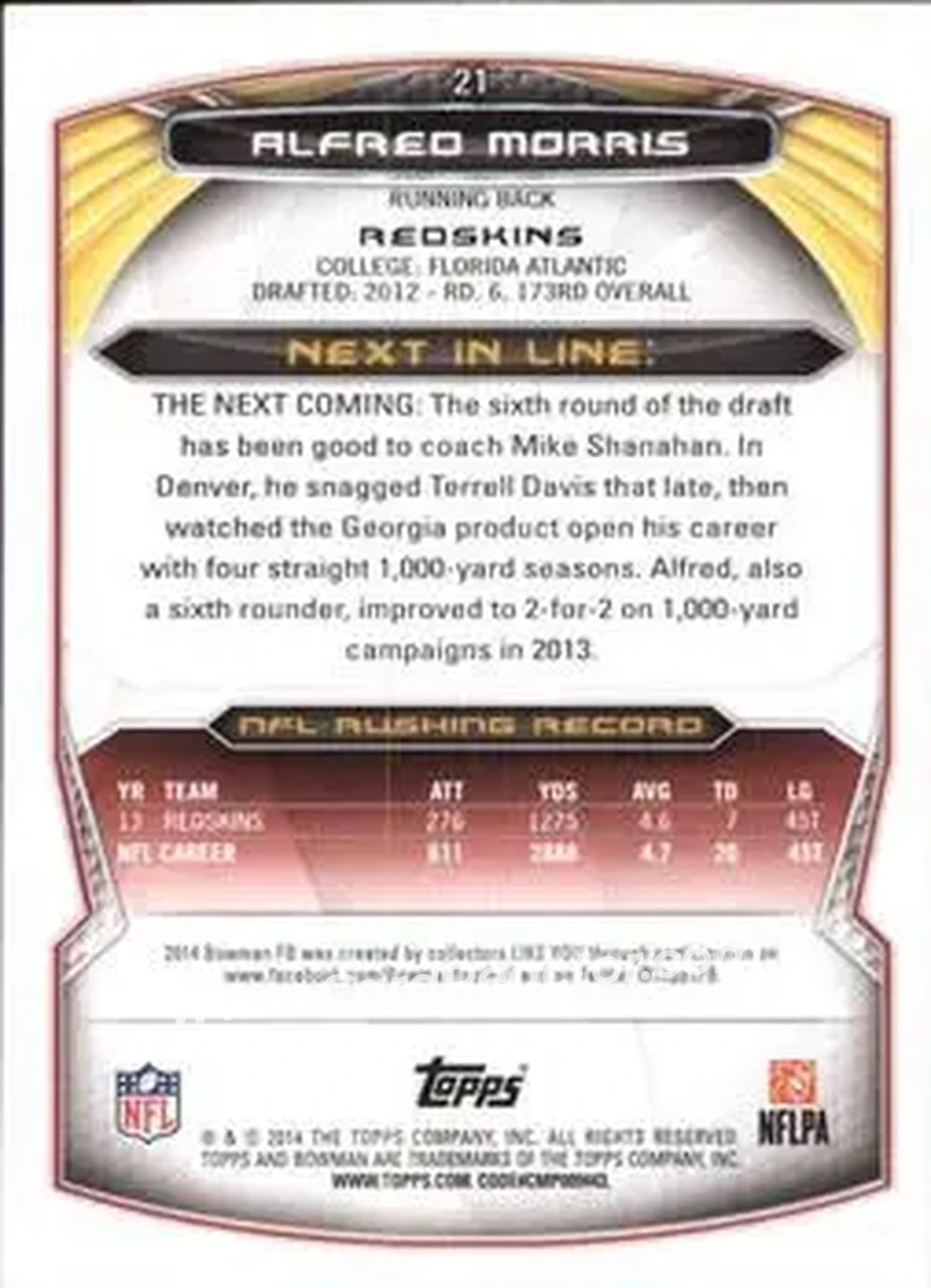 2014 Bowman #21 - Alfred Morris - Washington Redskins - Back
