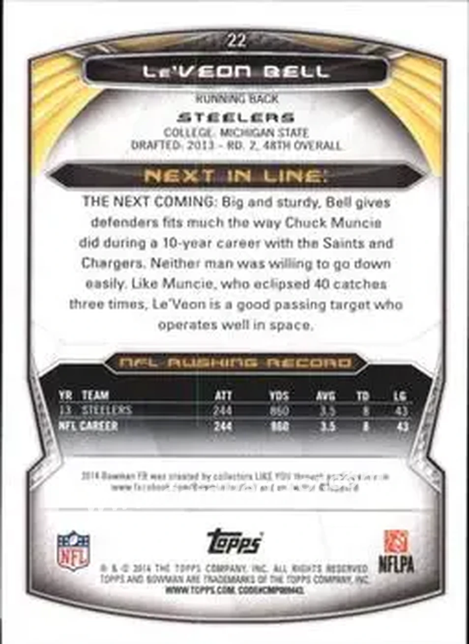 2014 Bowman #22 - Le'Veon Bell - Pittsburgh Steelers - Back