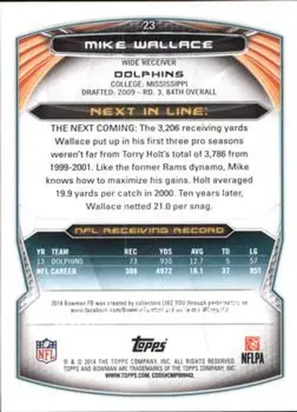 2014 Bowman #23 - Mike Wallace - Miami Dolphins - Back