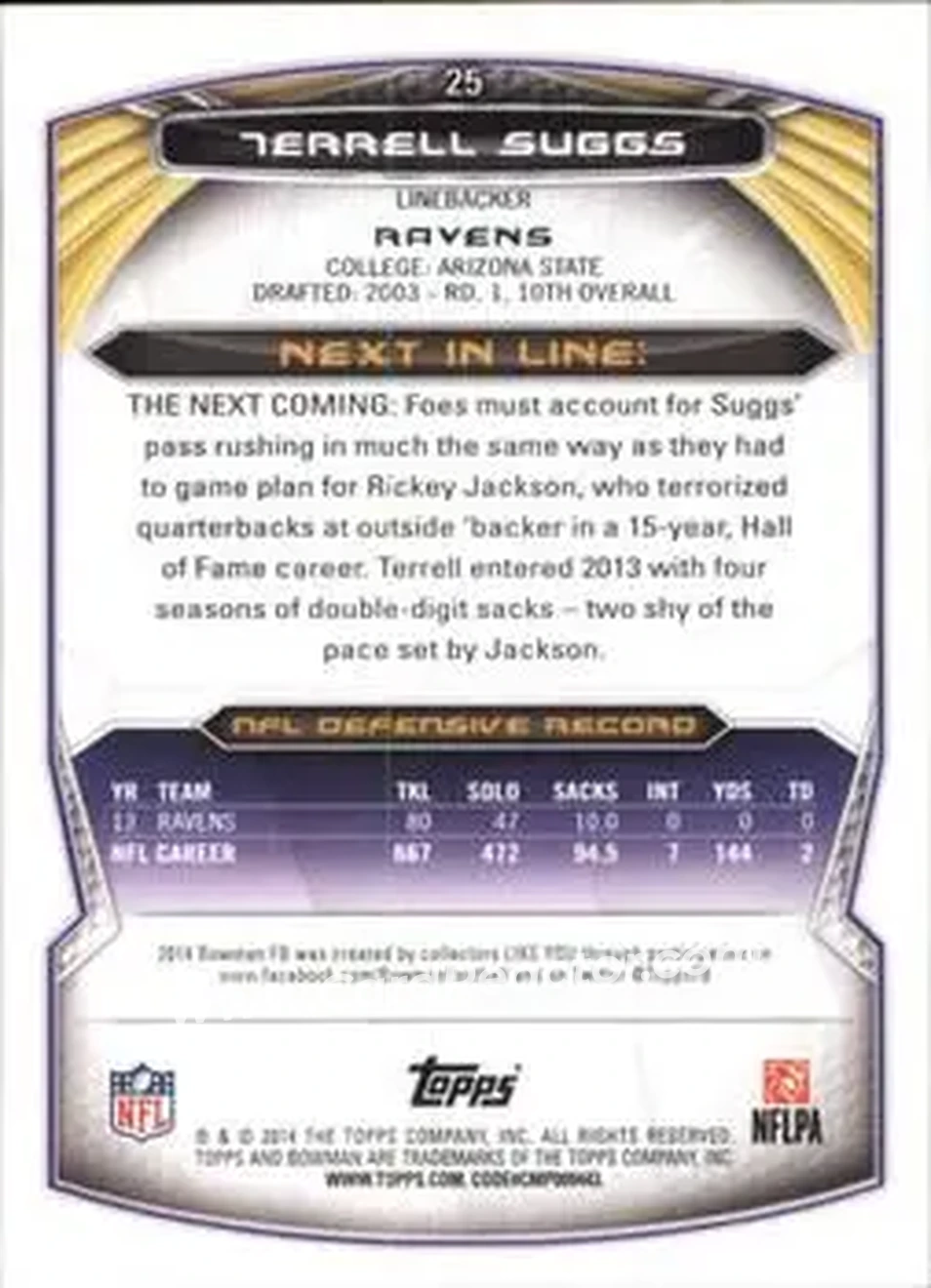 2014 Bowman #25 - Terrell Suggs - Baltimore Ravens - Back