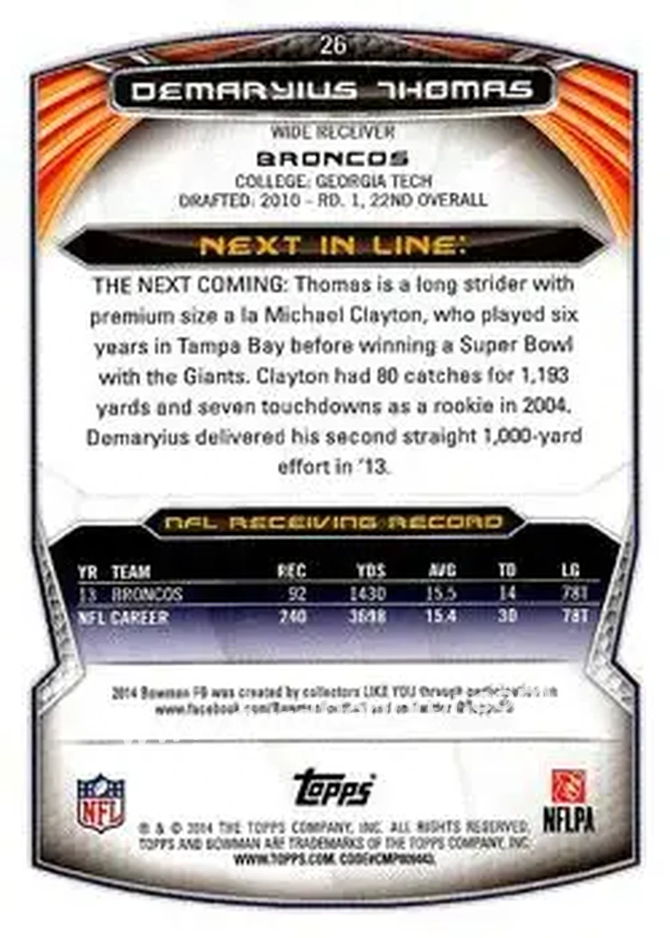 2014 Bowman #26 - Demaryius Thomas - Denver Broncos - Back