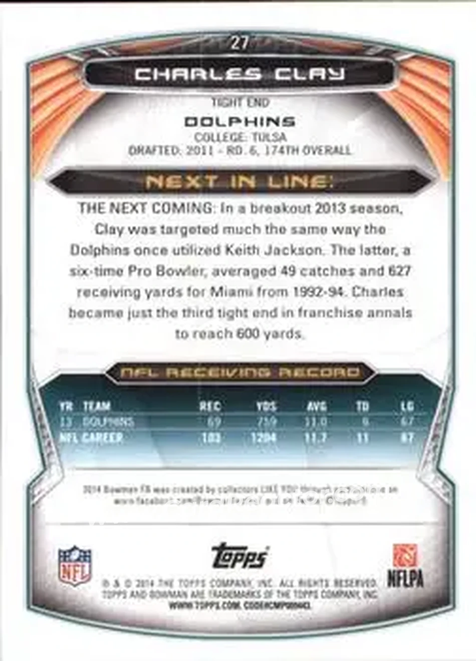 2014 Bowman #27 - Charles Clay - Miami Dolphins - Back
