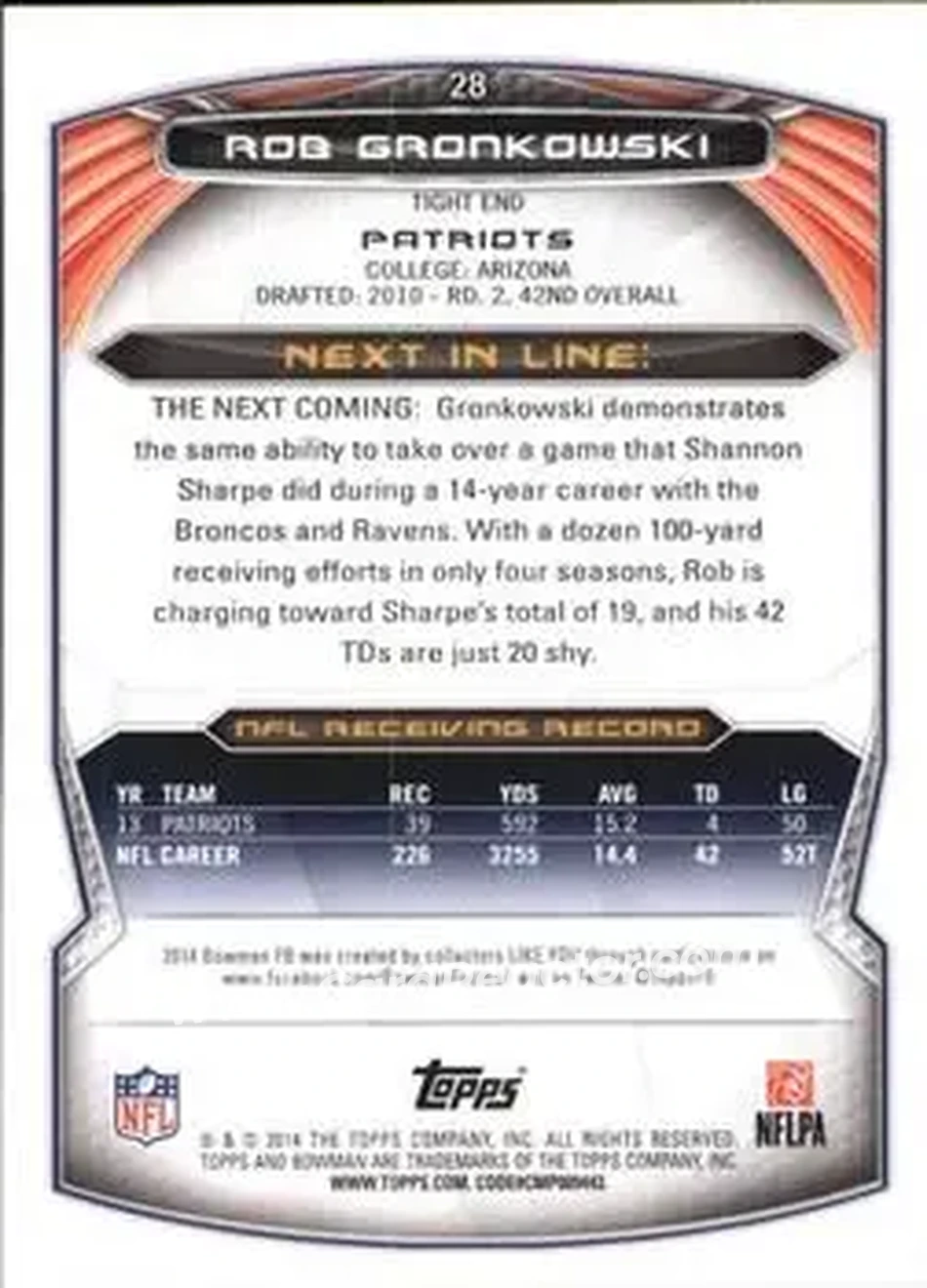 2014 Bowman #28 - Rob Gronkowski - New England Patriots - Back