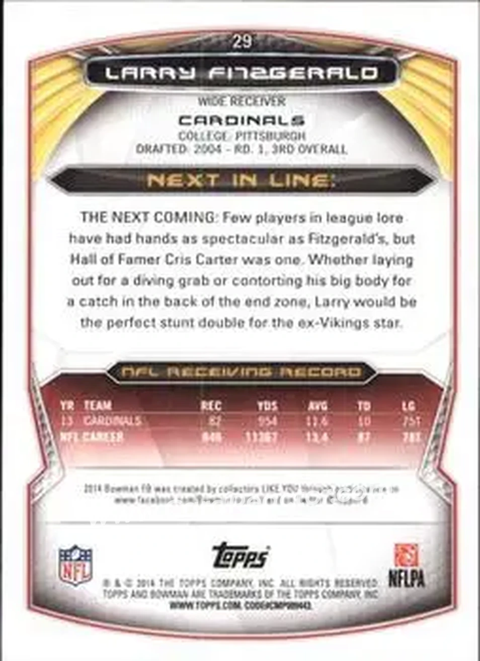 2014 Bowman #29 - Larry Fitzgerald - Arizona Cardinals - Back 2014 Bowman #29 - Larry Fitzgerald - Arizona Cardinals - Back