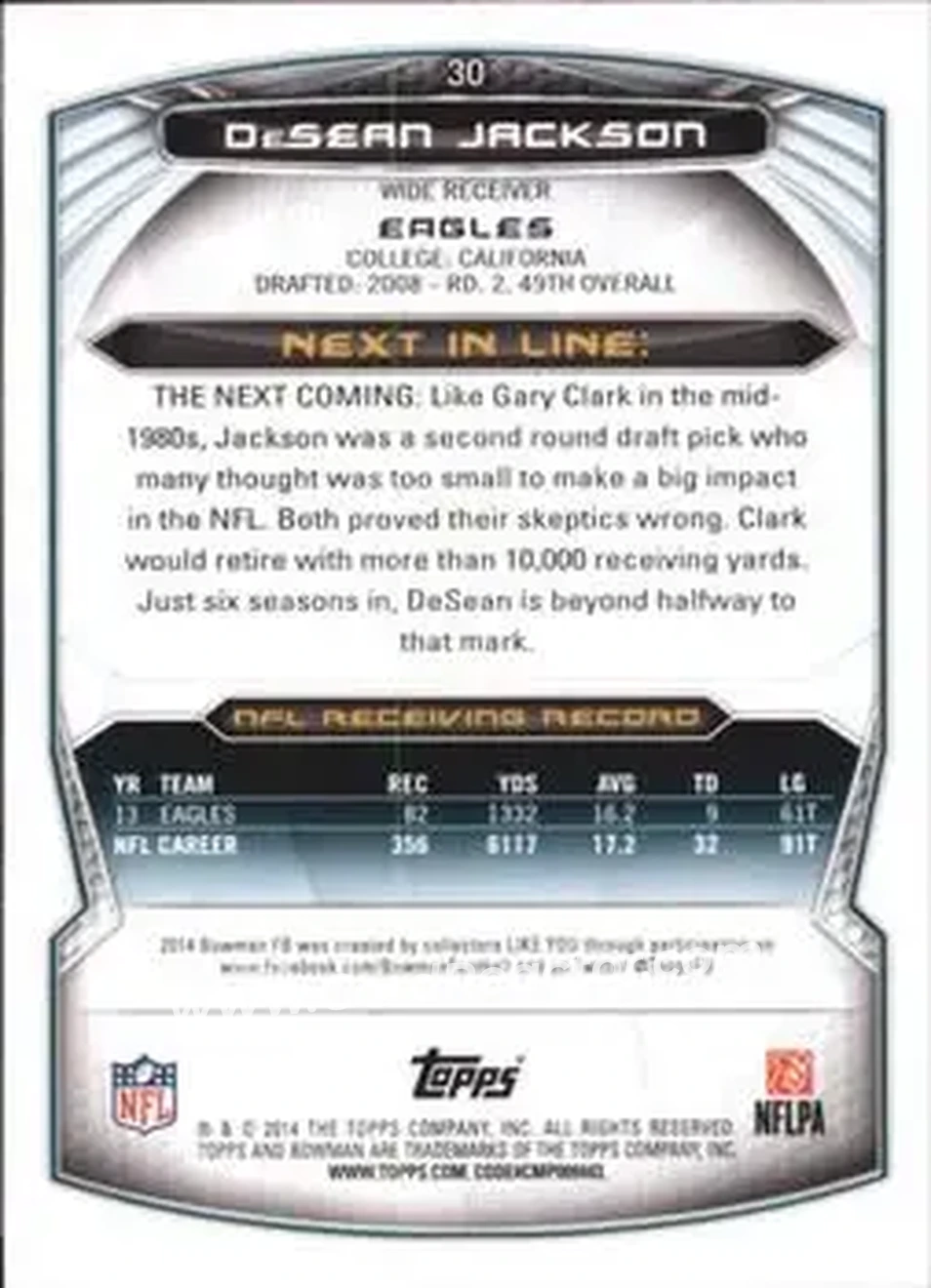 2014 Bowman #30 - DeSean Jackson - Philadelphia Eagles - Back