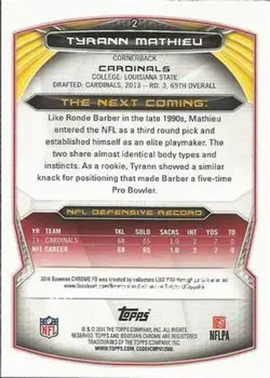 2014 Bowman Chrome #2 - Tyrann Mathieu - Arizona Cardinals - Back