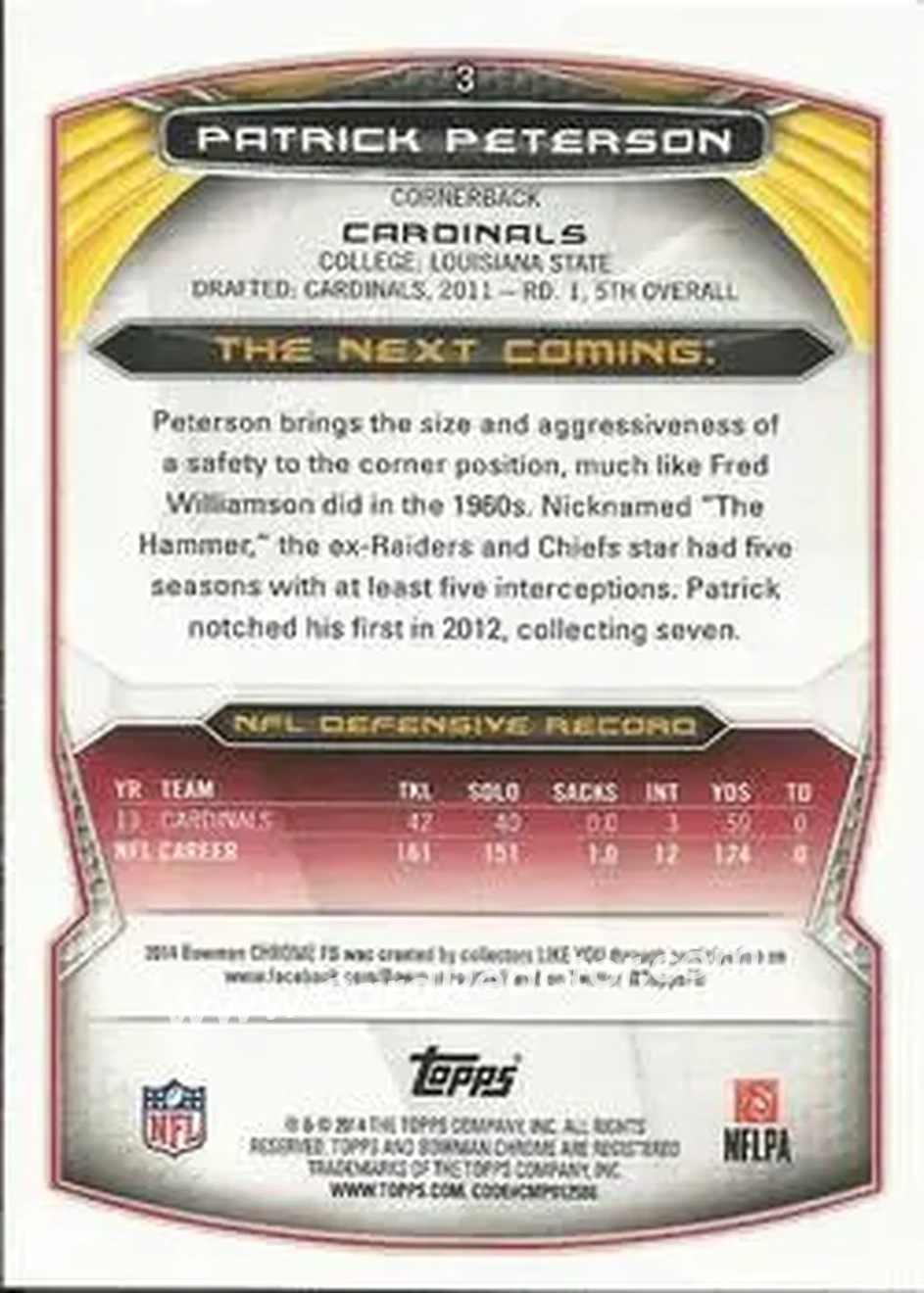 2014 Bowman Chrome #3 - Patrick Peterson - Arizona Cardinals - Back