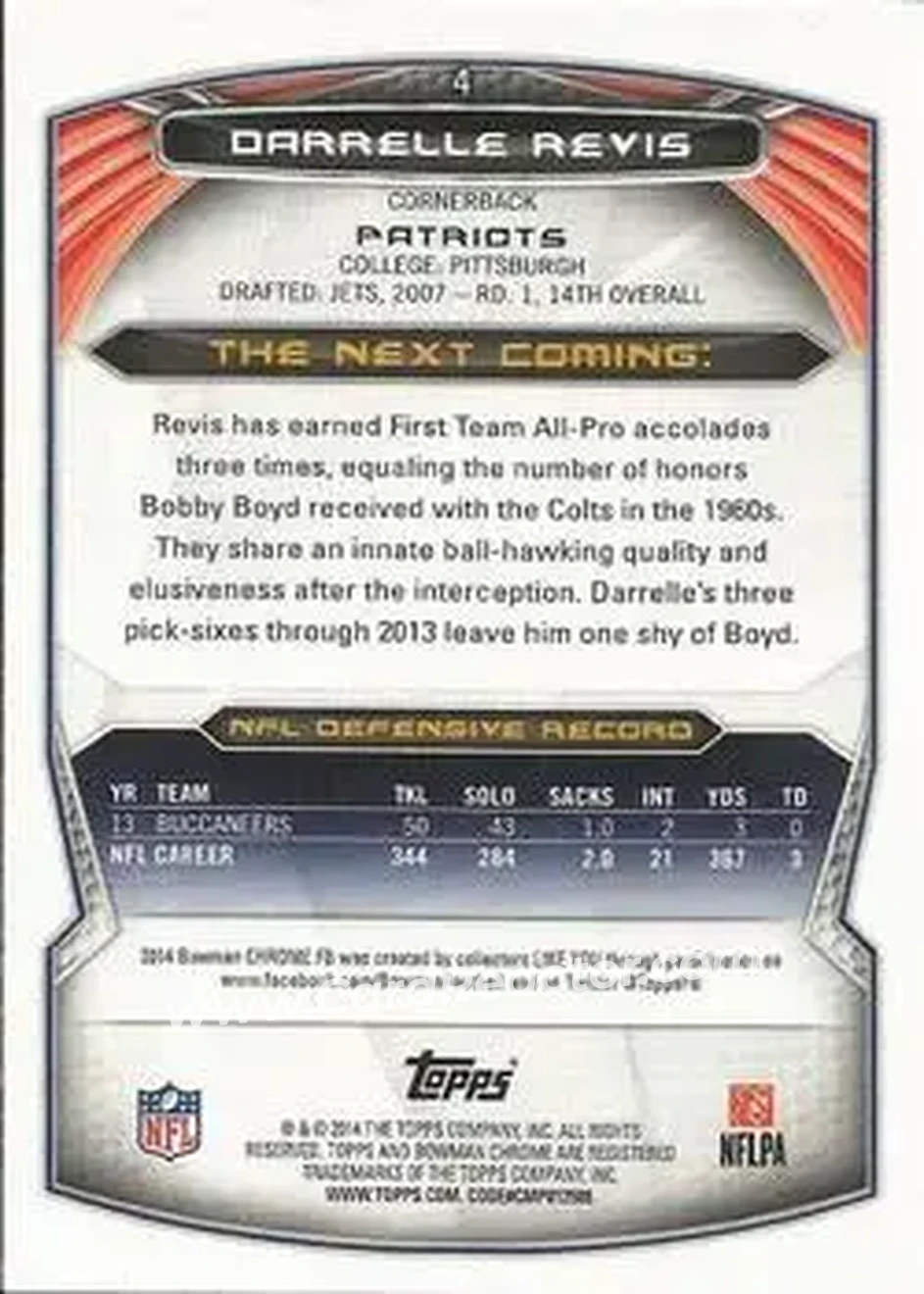 2014 Bowman Chrome #4 - Darrelle Revis - New England Patriots - Back