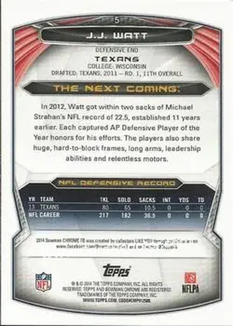 2014 Bowman Chrome #5 - J.J. Watt - Houston Texans - Back