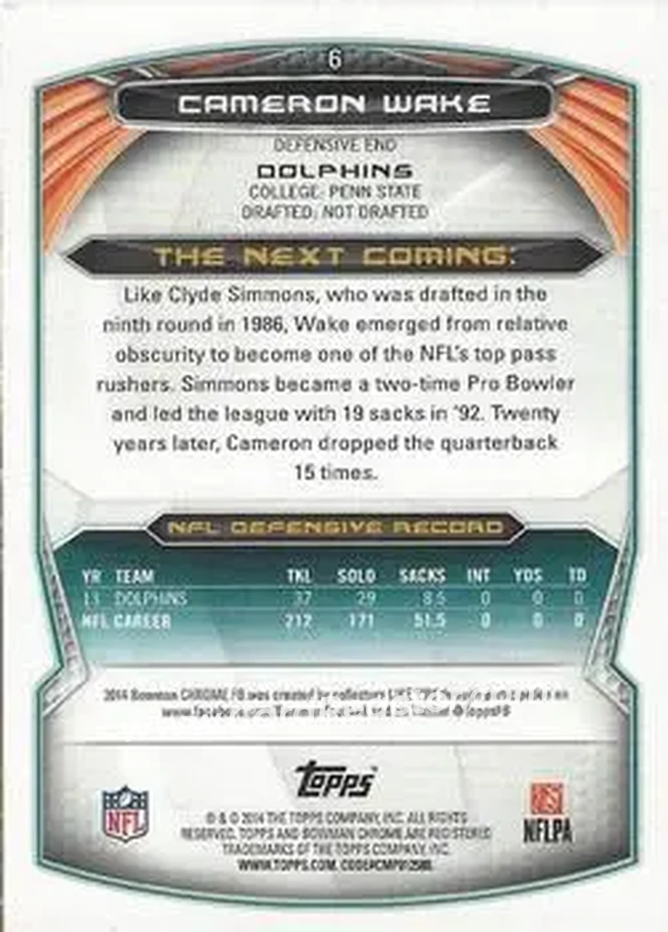 2014 Bowman Chrome #6 - Cameron Wake - Miami Dolphins - Back