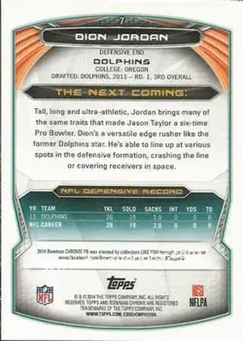 2014 Bowman Chrome #7 - Dion Jordan - Miami Dolphins - Back