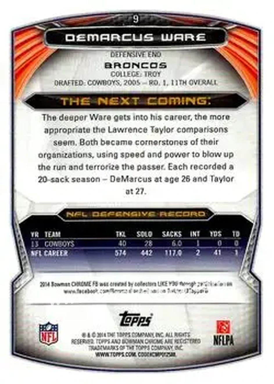 2014 Bowman Chrome #9 - DeMarcus Ware - Denver Broncos - Back