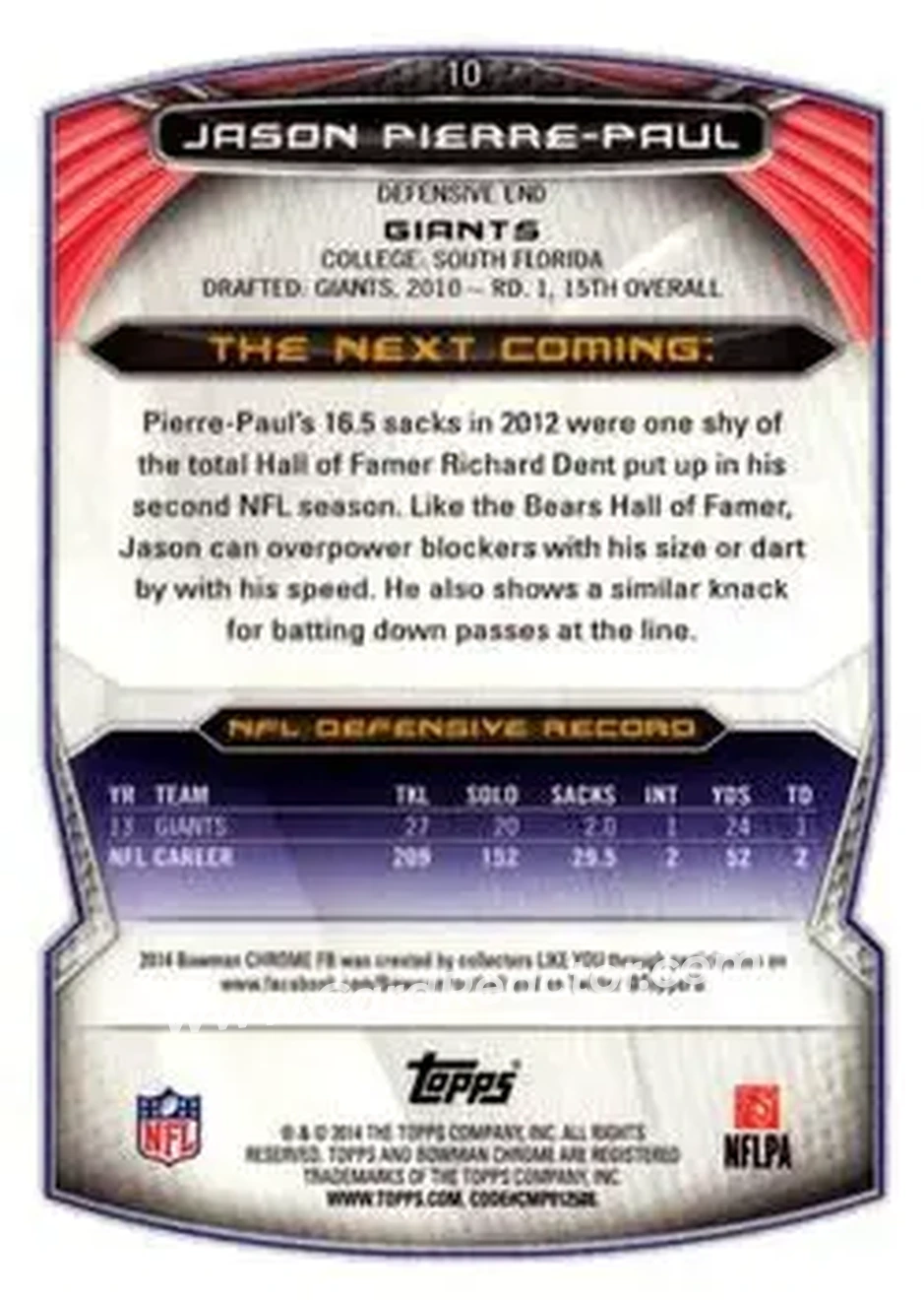 2014 Bowman Chrome #10 - Jason Pierre-Paul - New York Giants - Back