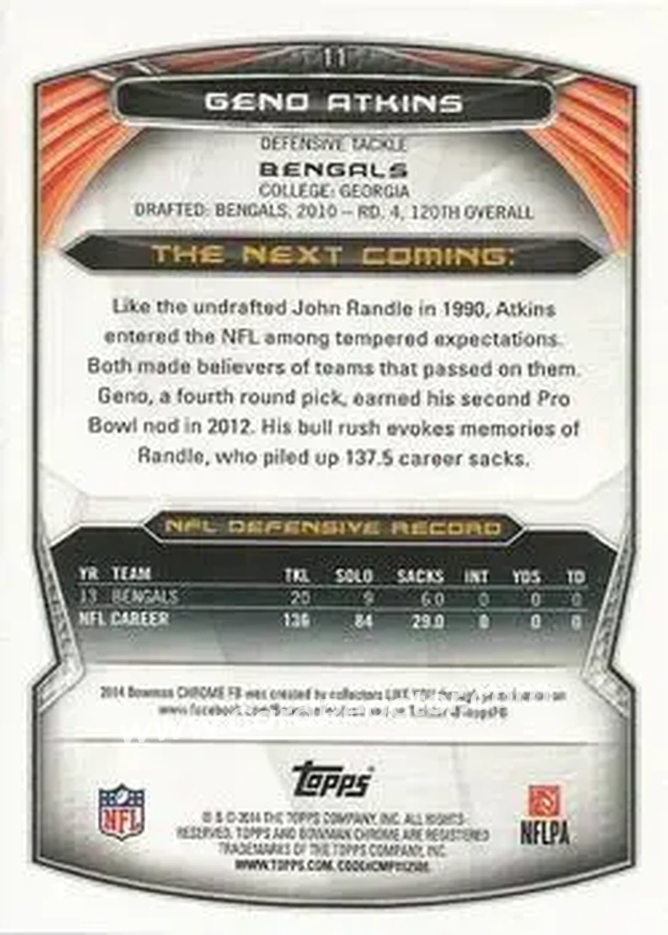 2014 Bowman Chrome #11 - Geno Atkins - Cincinnati Bengals - Back