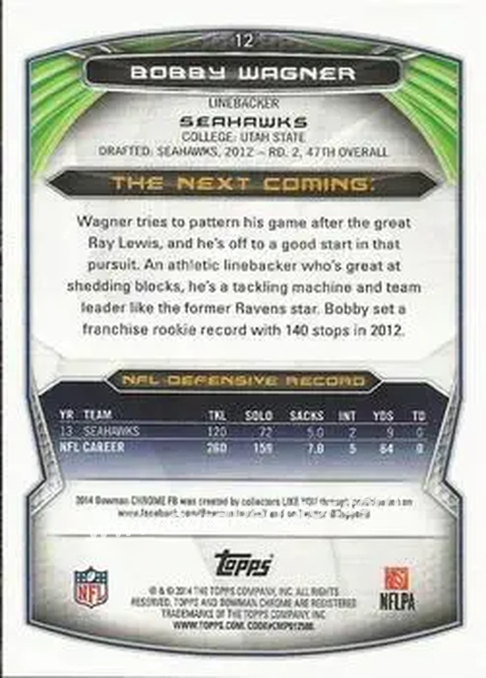 2014 Bowman Chrome #12 - Bobby Wagner - Seattle Seahawks - Back