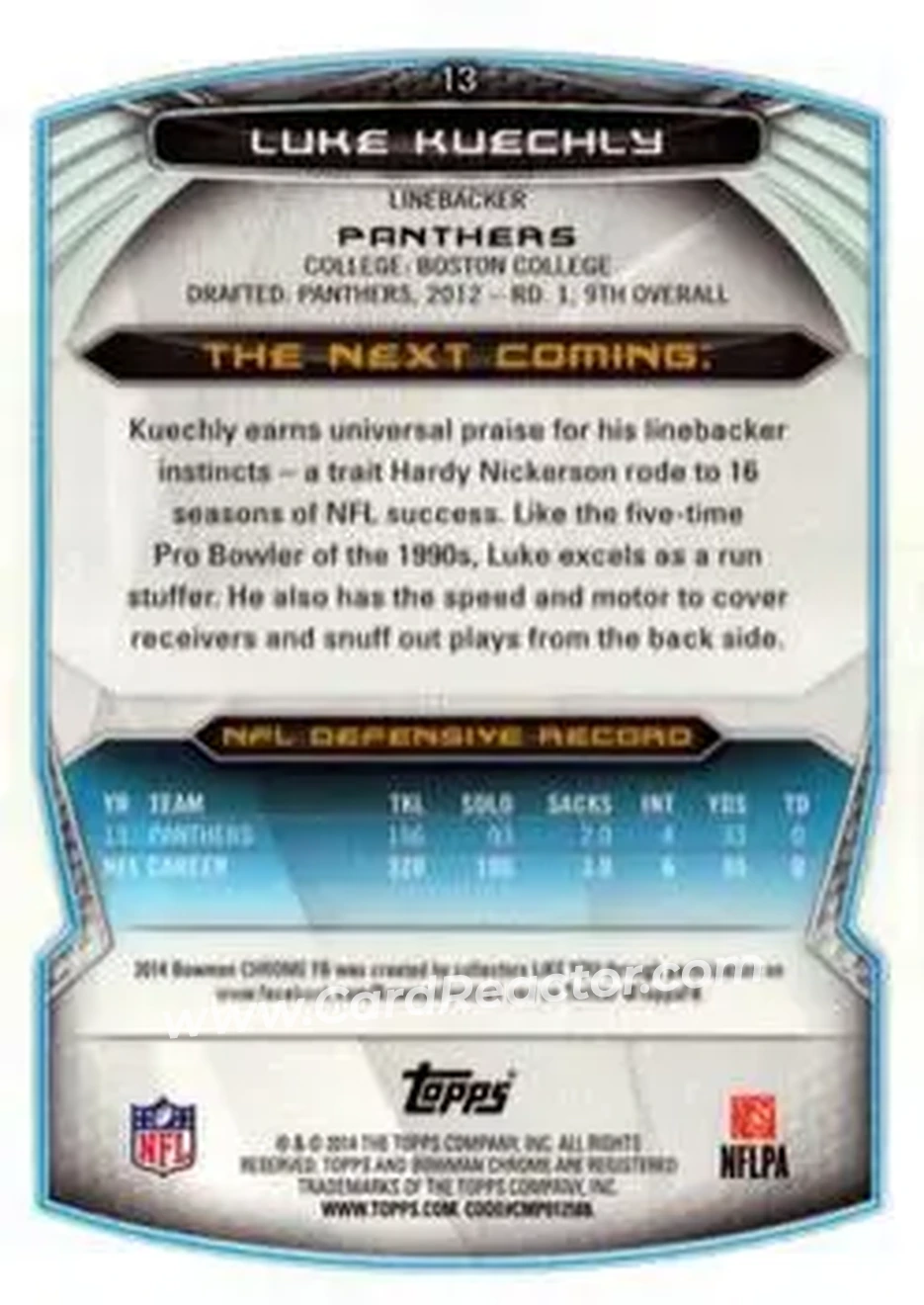 2014 Bowman Chrome #13 - Luke Kuechly - Carolina Panthers - Back 2014 Bowman Chrome #13 - Luke Kuechly - Carolina Panthers - Back