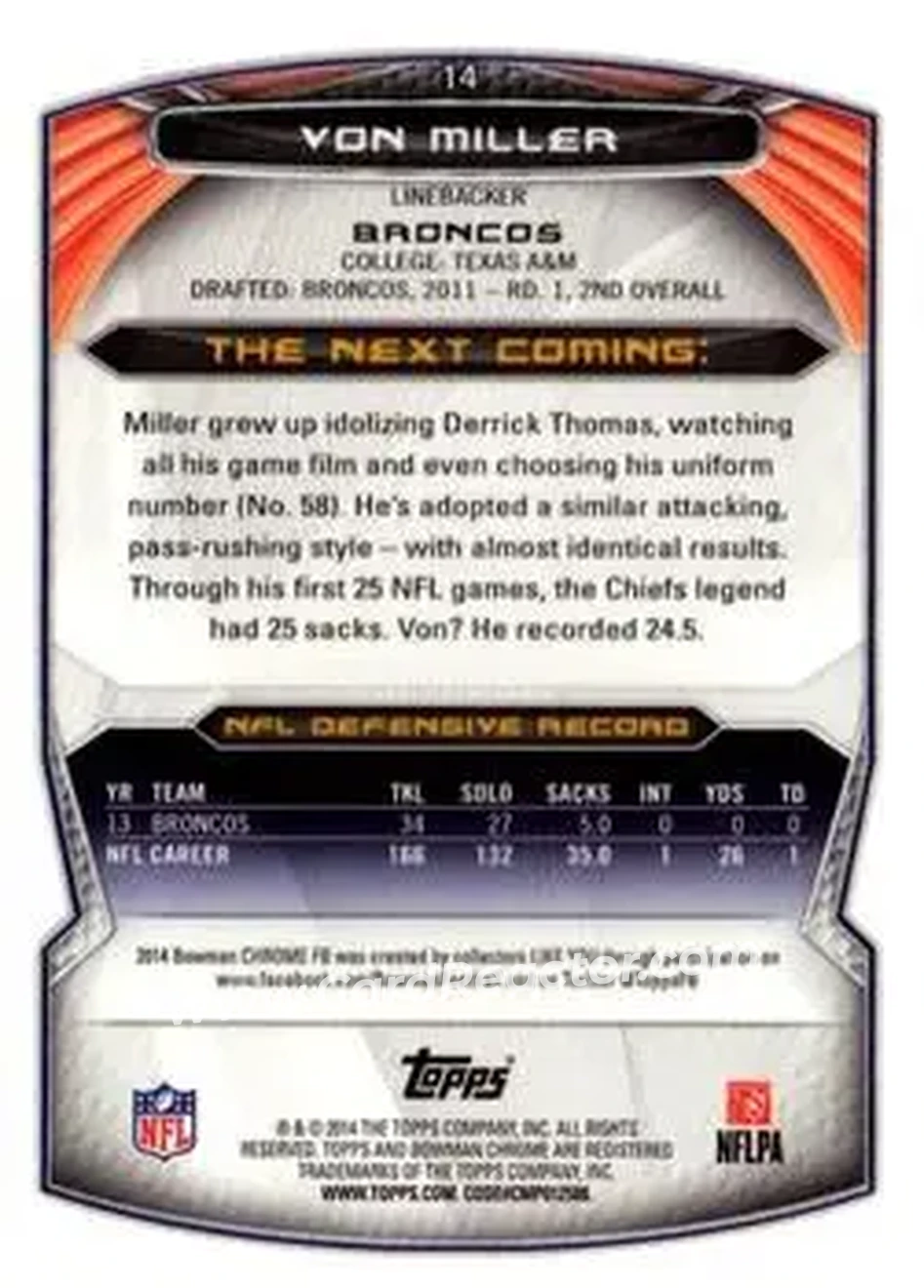 2014 Bowman Chrome #14 - Von Miller - Denver Broncos - Back