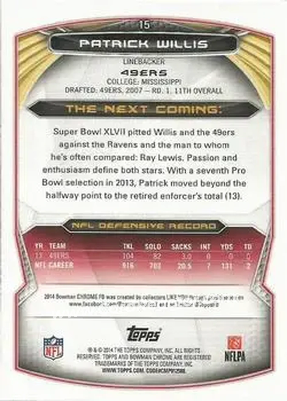 2014 Bowman Chrome #15 - Patrick Willis - San Francisco 49ers - Back