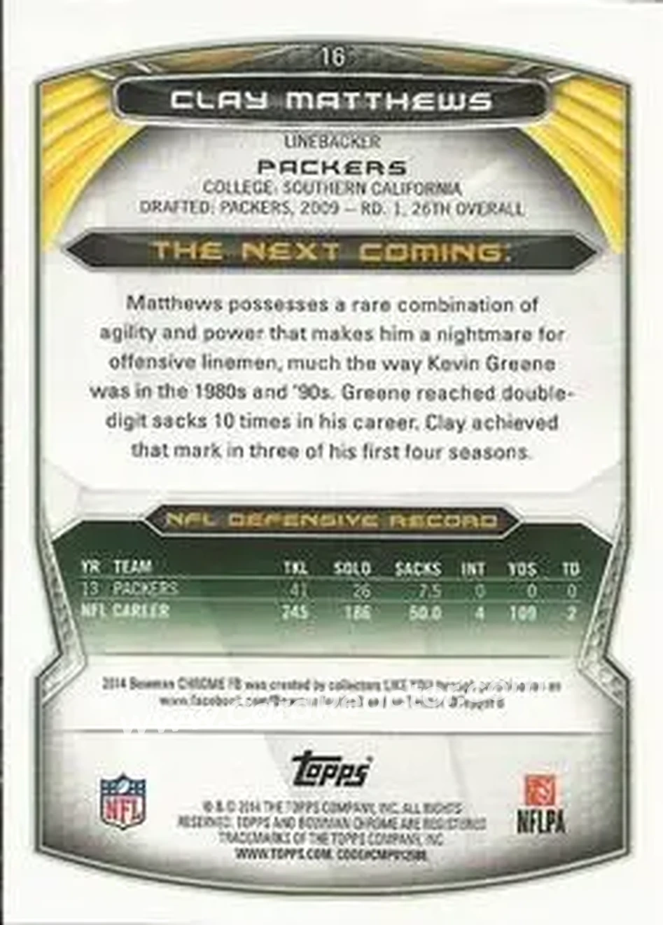 2014 Bowman Chrome #16 - Clay Matthews - Green Bay Packers - Back