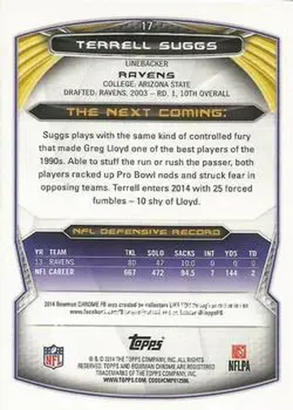 2014 Bowman Chrome #17 - Terrell Suggs - Baltimore Ravens - Back