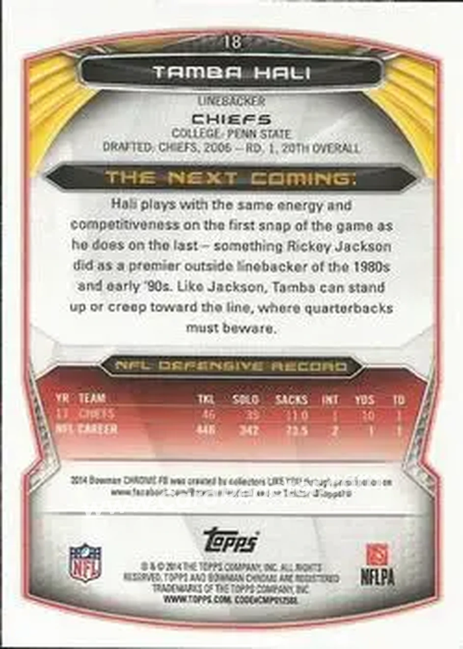 2014 Bowman Chrome #18 - Tamba Hali - Kansas City Chiefs - Back