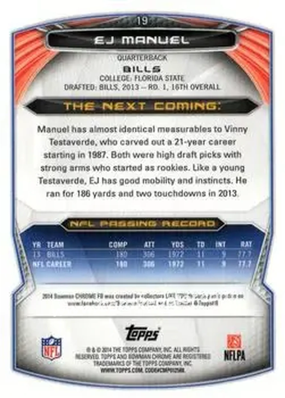 2014 Bowman Chrome #19 - EJ Manuel - Buffalo Bills - Back