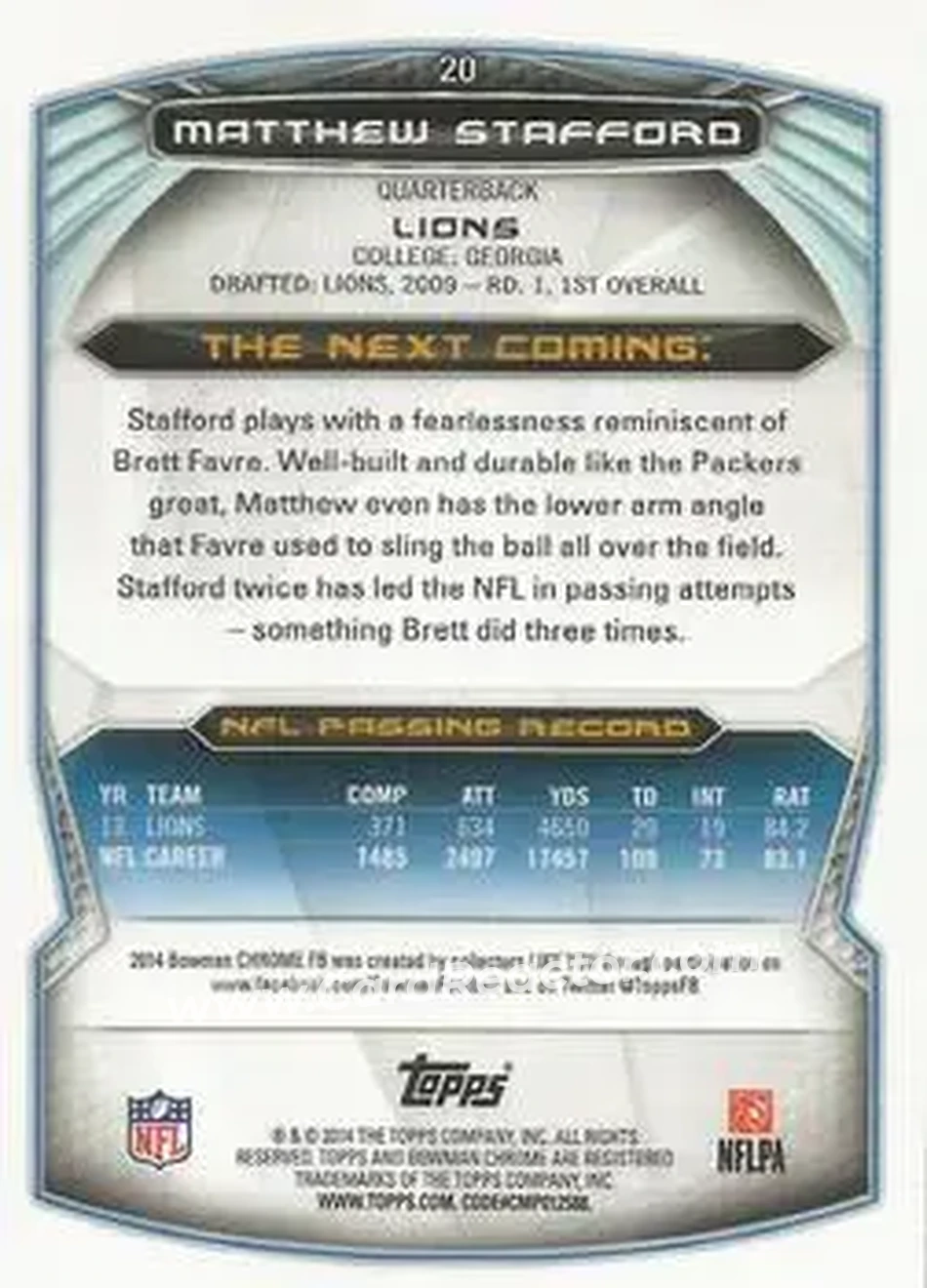 2014 Bowman Chrome #20 - Matthew Stafford - Detroit Lions - Back