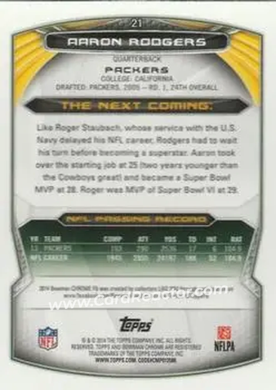 2014 Bowman Chrome #21 - Aaron Rodgers - Green Bay Packers - Back 2014 Bowman Chrome #21 - Aaron Rodgers - Green Bay Packers - Back