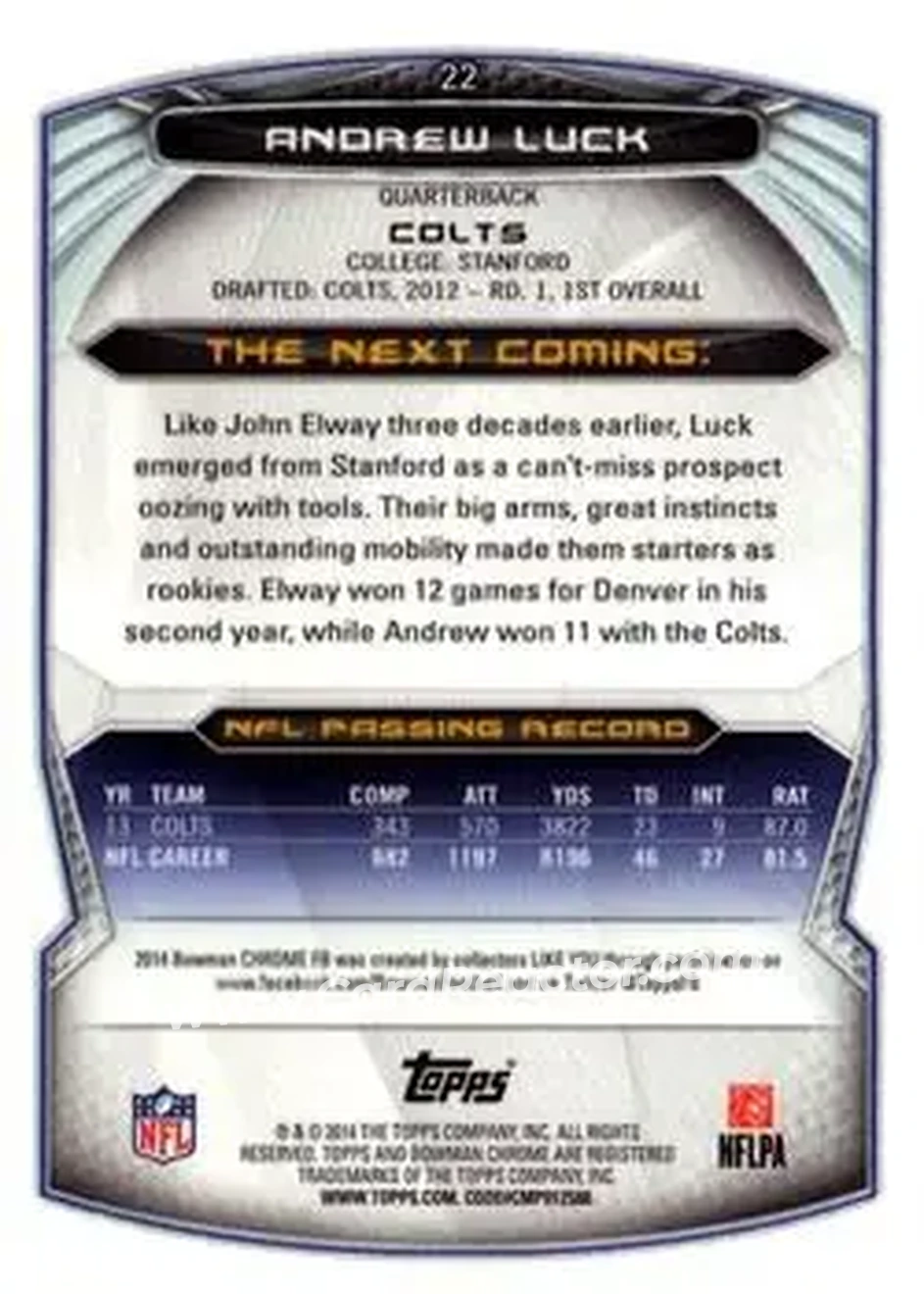 2014 Bowman Chrome #22 - Andrew Luck - Indianapolis Colts - Back