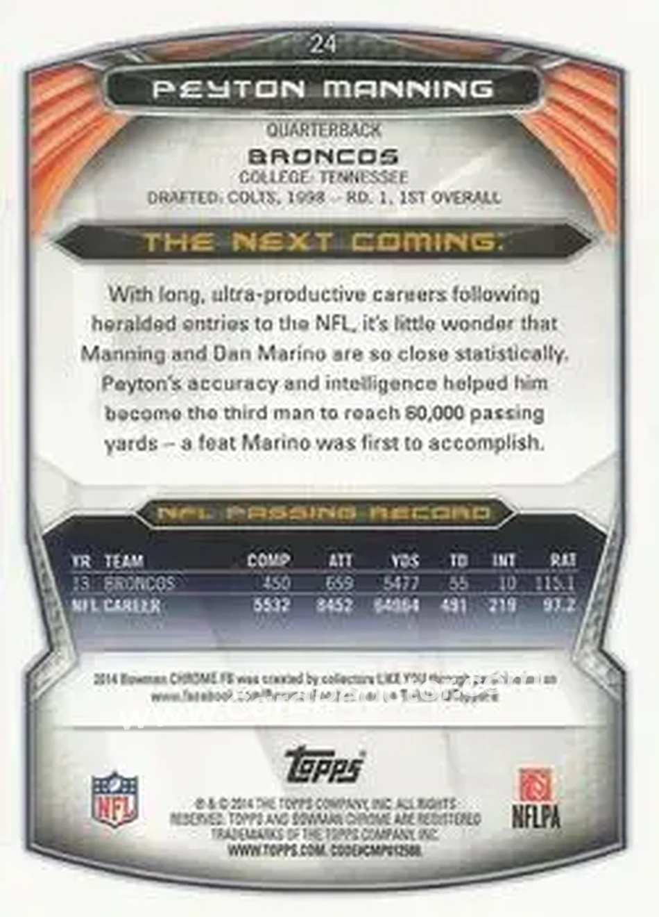 2014 Bowman Chrome #24 - Peyton Manning - Denver Broncos - Back