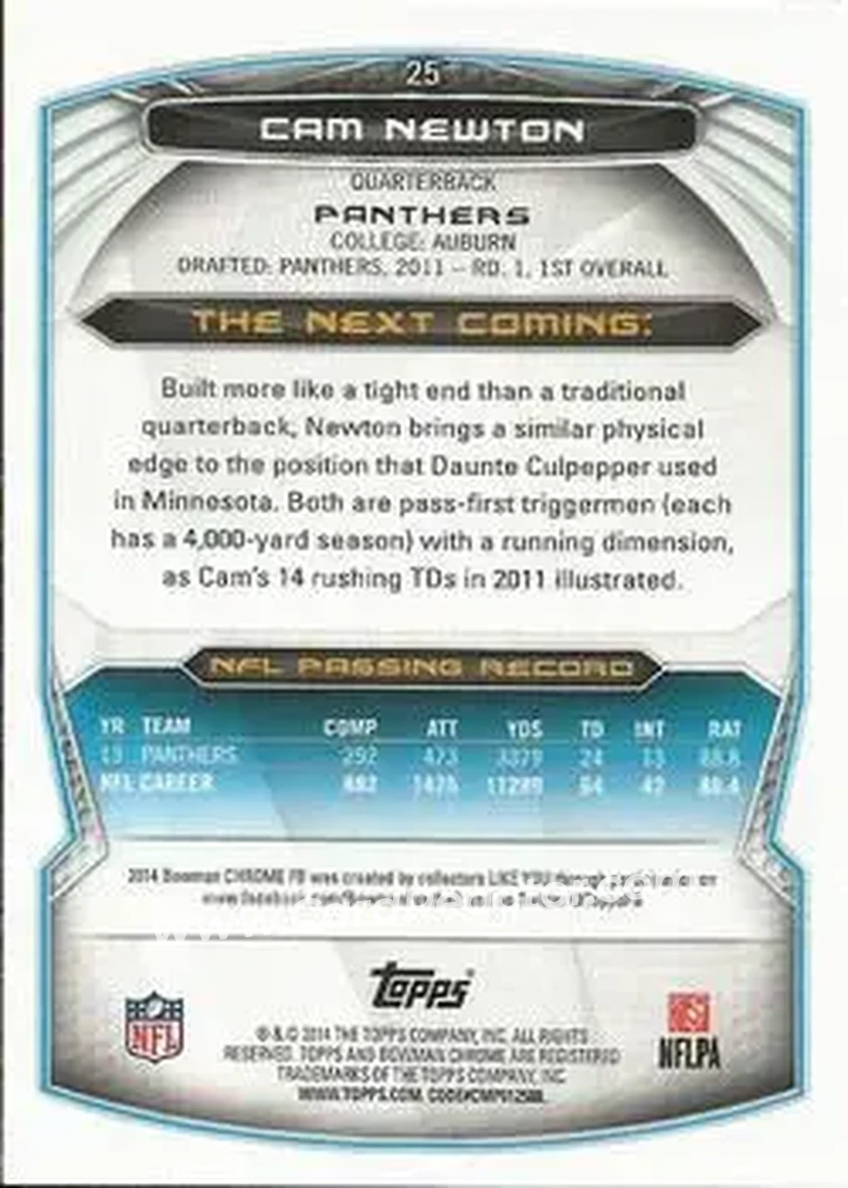 2014 Bowman Chrome #25 - Cam Newton - Carolina Panthers - Back