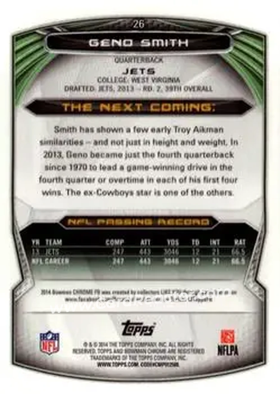 2014 Bowman Chrome #26 - Geno Smith - New York Jets - Back