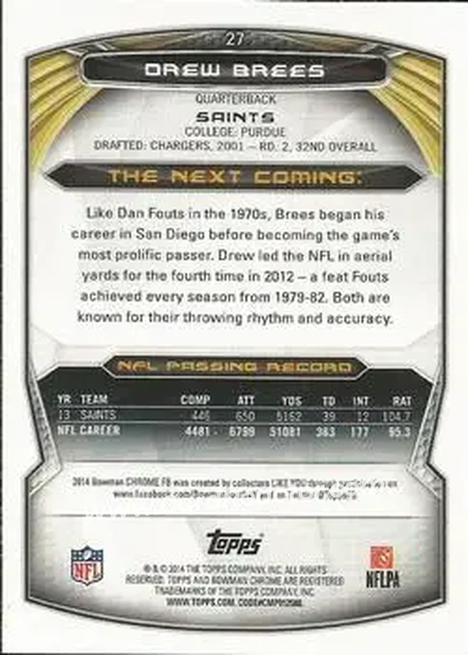2014 Bowman Chrome #27 - Drew Brees - New Orleans Saints - Back