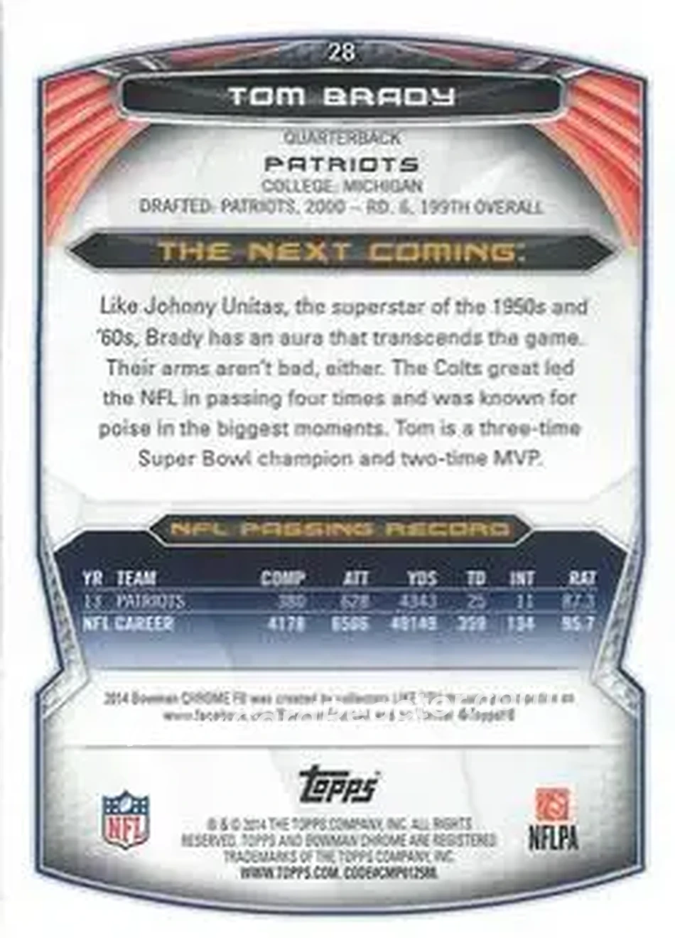 2014 Bowman Chrome #28 - Tom Brady - New England Patriots - Back 2014 Bowman Chrome #28 - Tom Brady - New England Patriots - Back