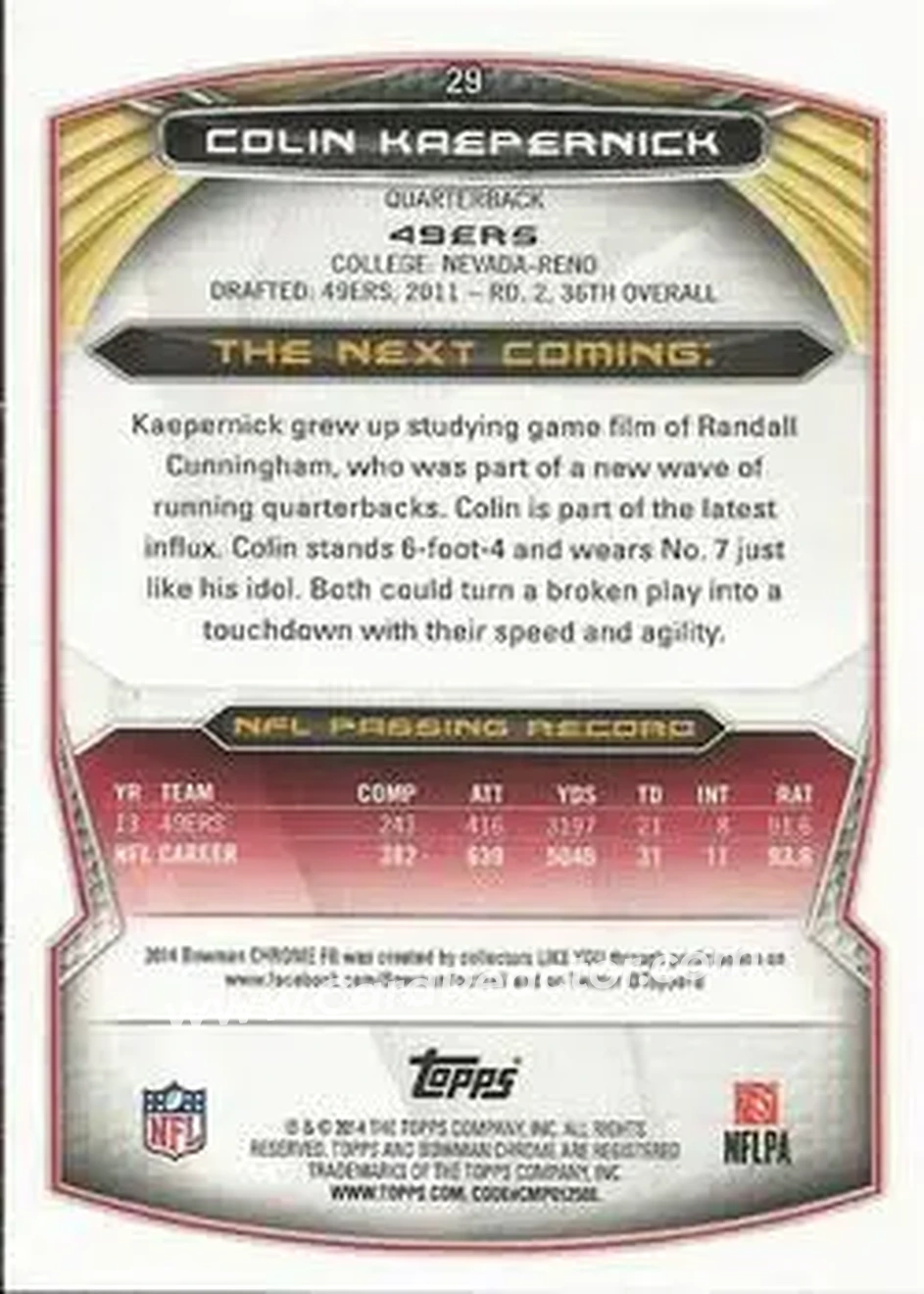 2014 Bowman Chrome #29 - Colin Kaepernick - San Francisco 49ers - Back