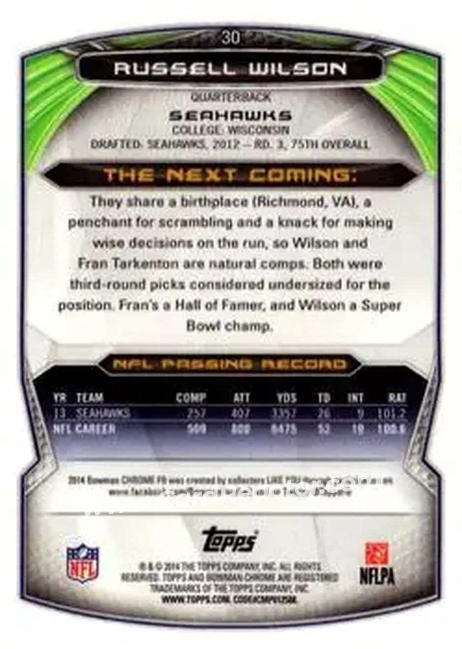 2014 Bowman Chrome #30 - Russell Wilson - Seattle Seahawks - Back