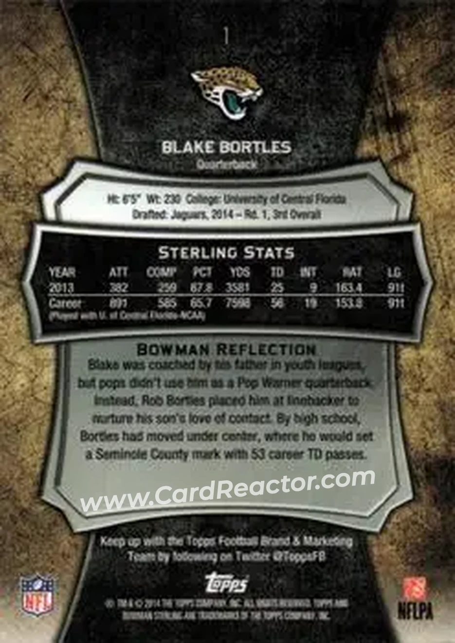 2014 Bowman Sterling #1 - Blake Bortles - Jacksonville Jaguars - Back