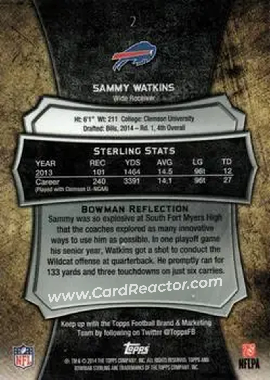 2014 Bowman Sterling #2 - Sammy Watkins - Buffalo Bills - Back