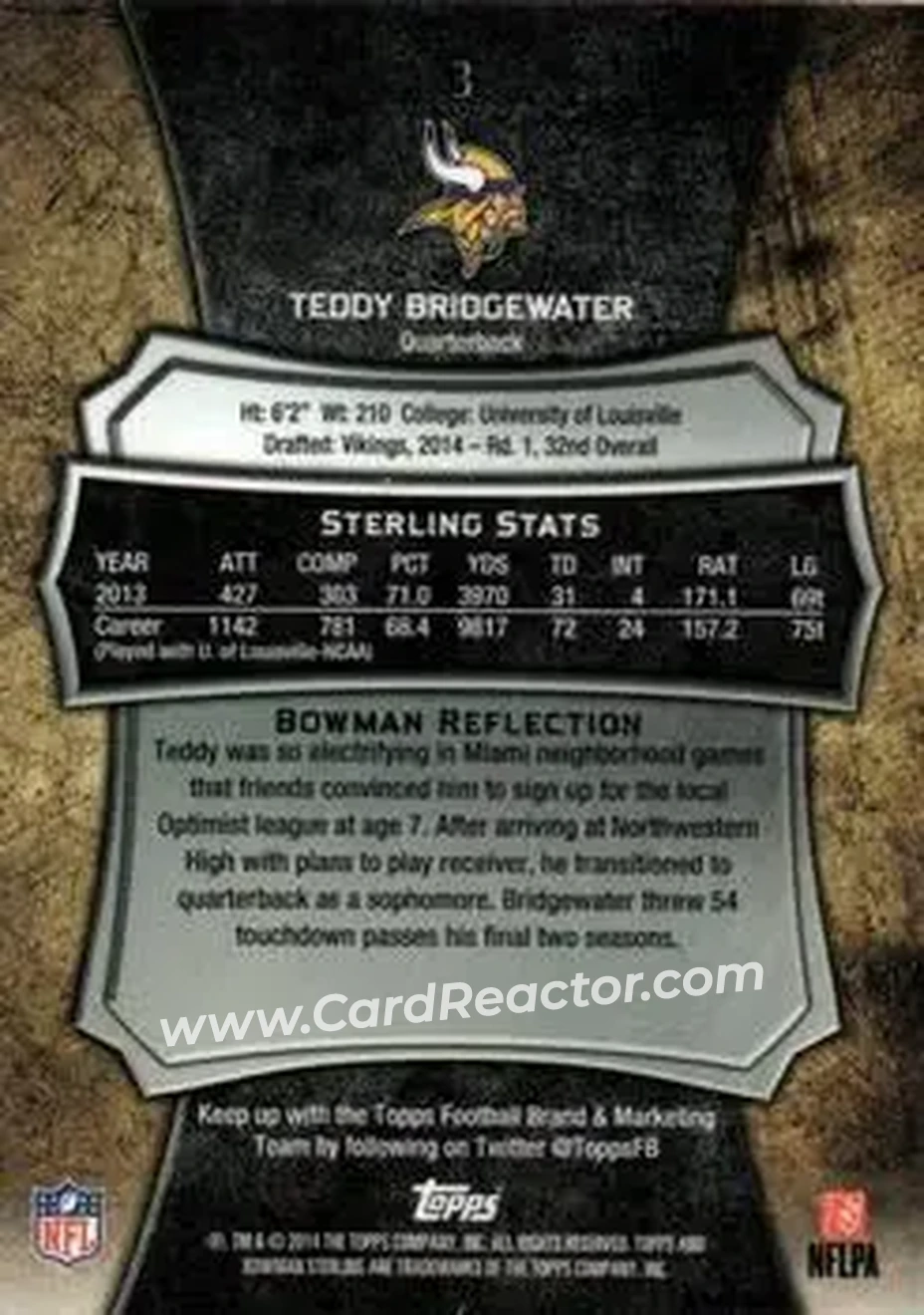 2014 Bowman Sterling #3 - Teddy Bridgewater - Minnesota Vikings - Back