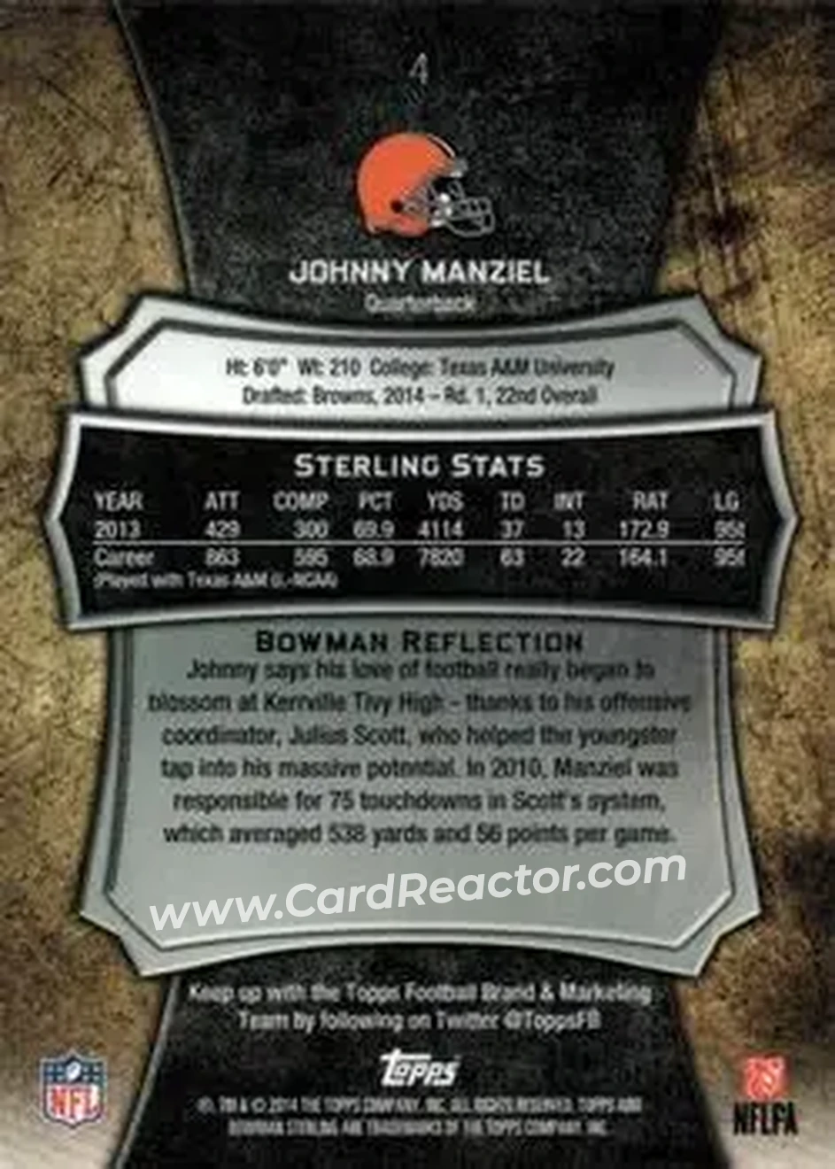 2014 Bowman Sterling #4 - Johnny Manziel - Cleveland Browns - Back