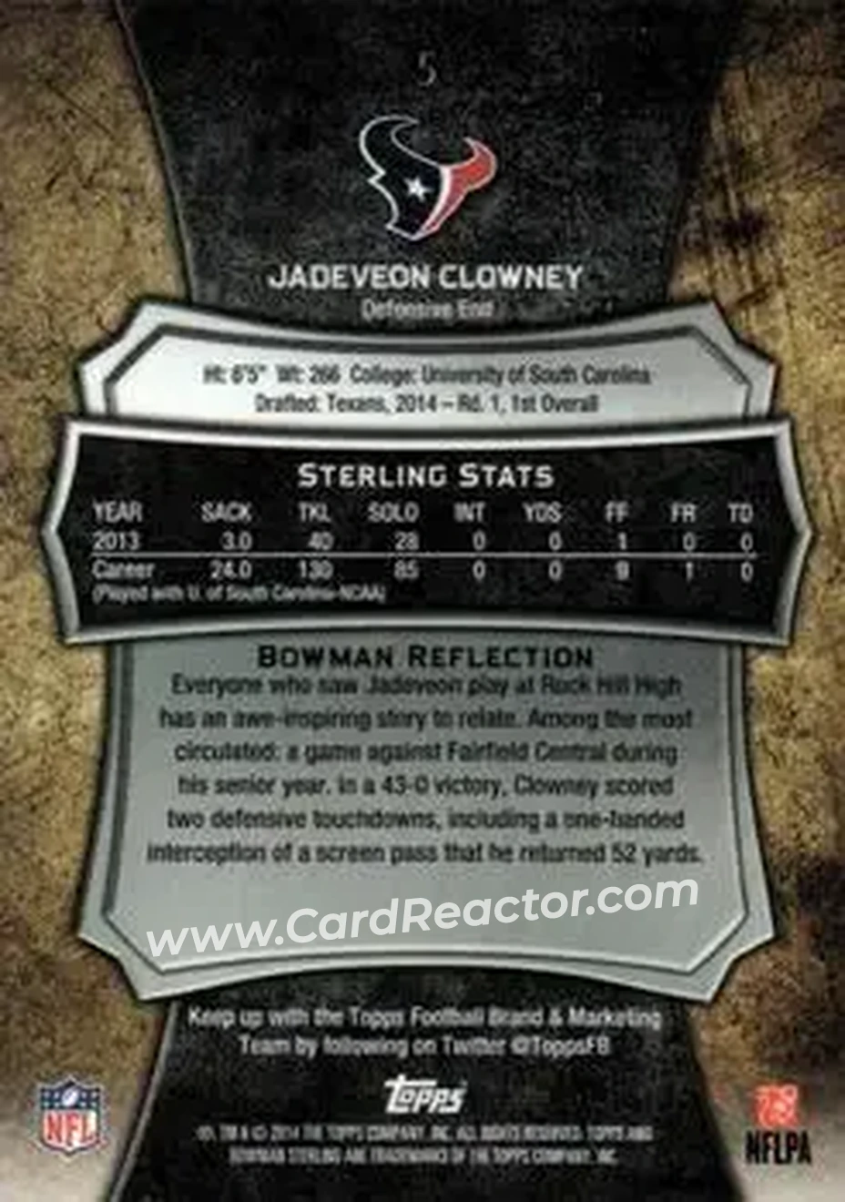2014 Bowman Sterling #5 - Jadeveon Clowney - Houston Texans - Back