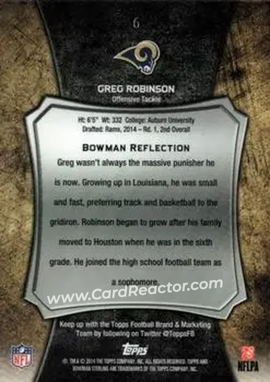 2014 Bowman Sterling #6 - Greg Robinson - St. Louis Rams - Back