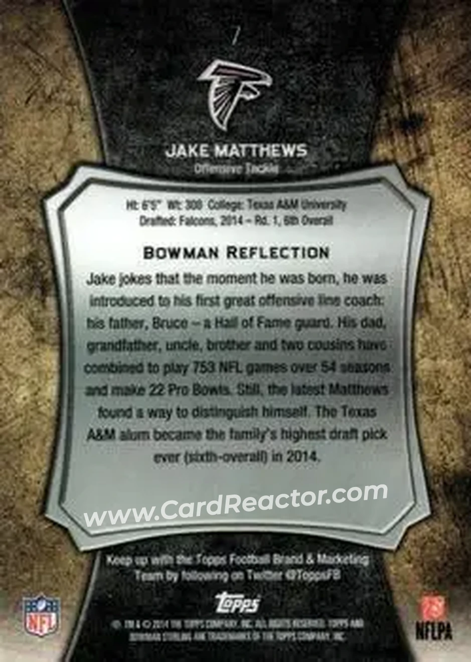 2014 Bowman Sterling #7 - Jake Matthews - Atlanta Falcons - Back