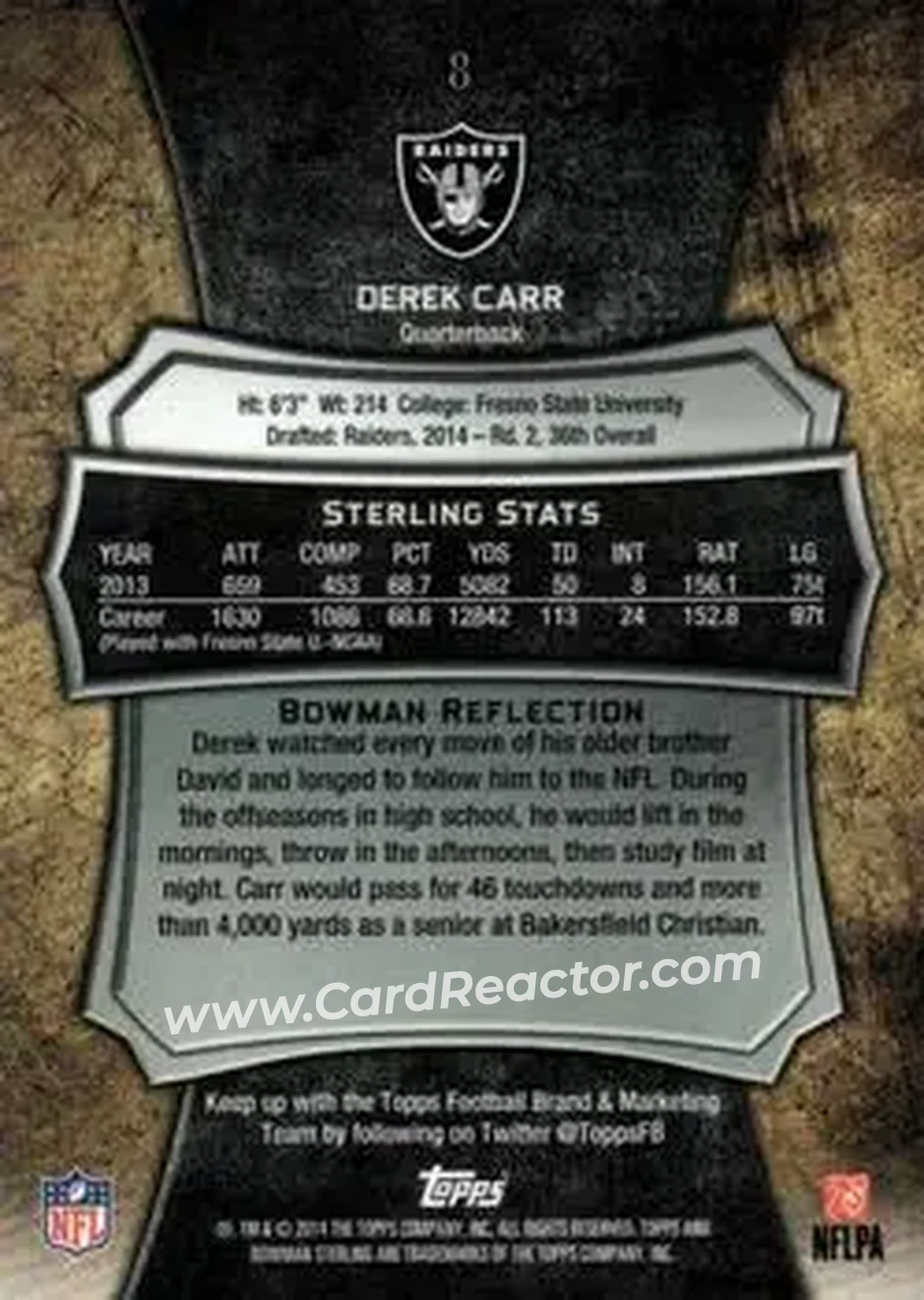 2014 Bowman Sterling #8 - Derek Carr - Oakland Raiders - Back