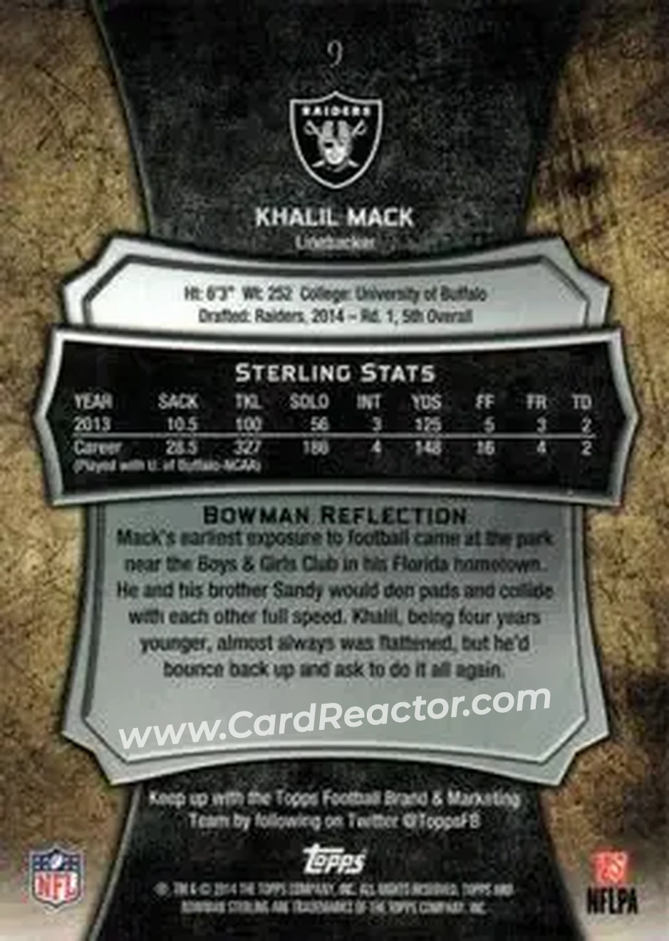2014 Bowman Sterling #9 - Khalil Mack - Oakland Raiders - Back